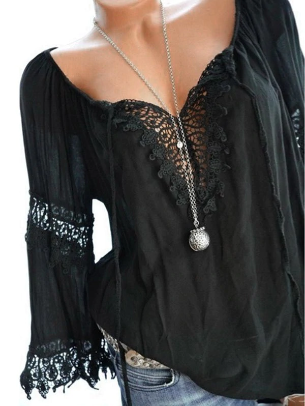 Plus Size Lace Insert Tied Blouse