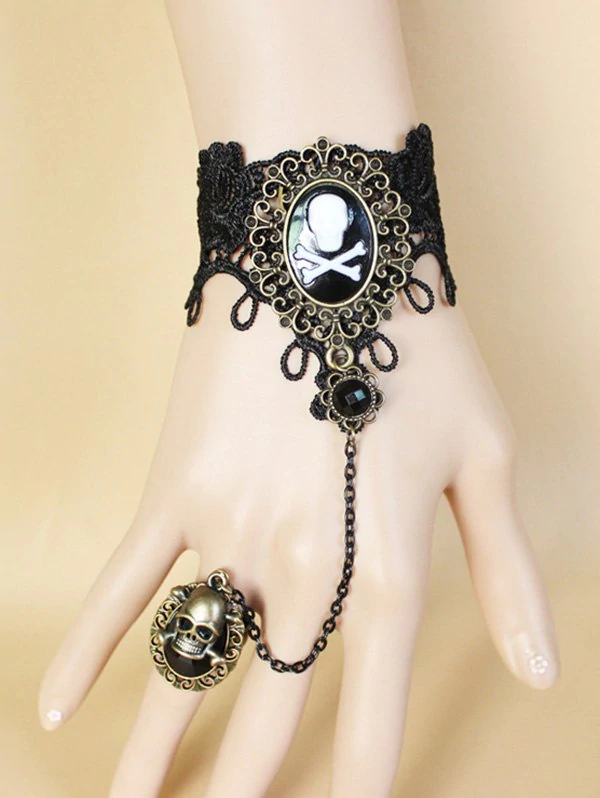 Halloween Skull Ring Chain Lace Bracelet