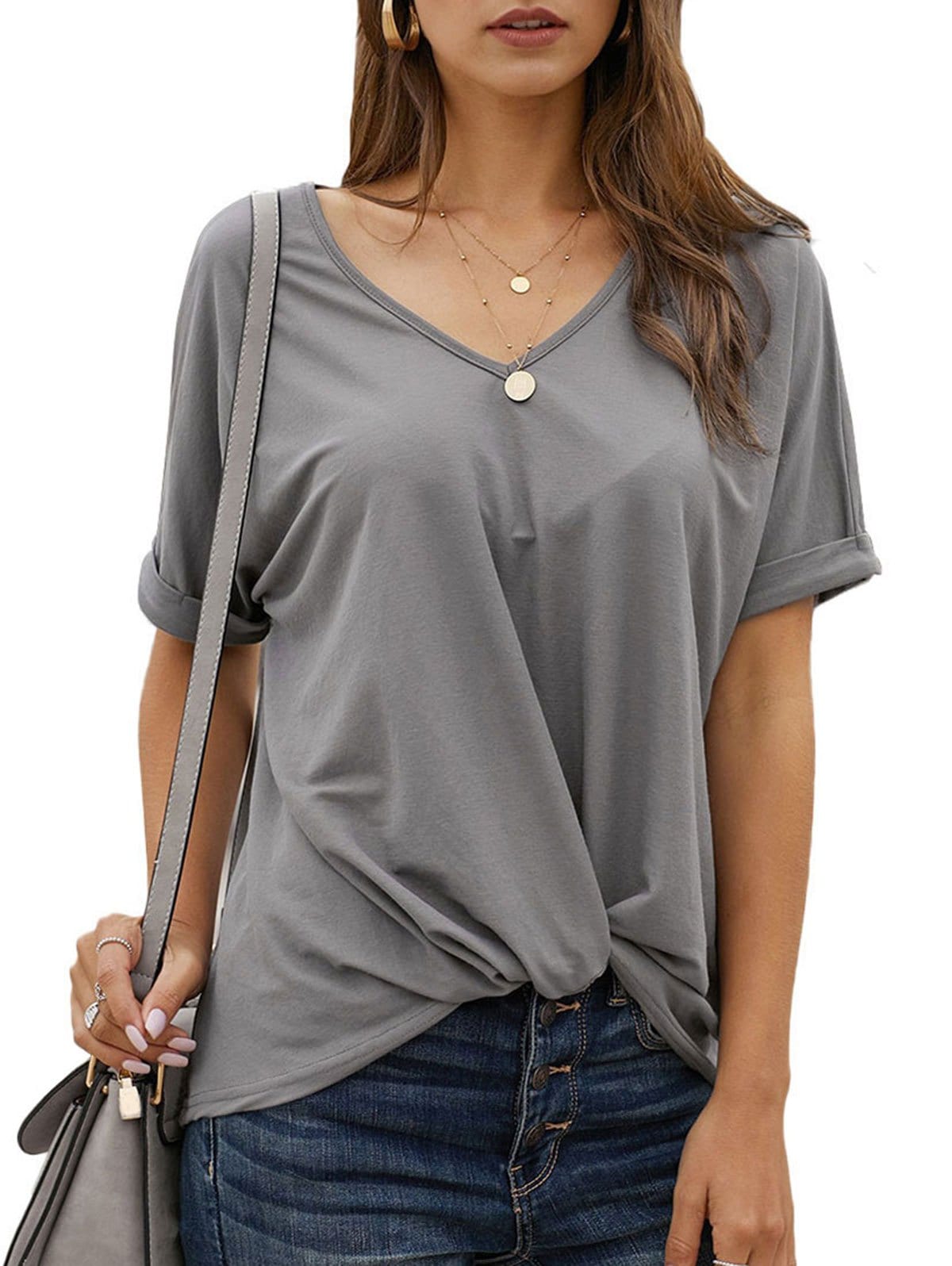 Twisted Hem Rolled Cuff V Neck T-shirt