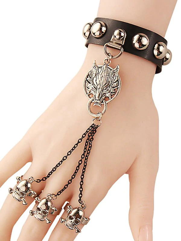 Punk Wolf Skull Rings Chain Leather Bracelet