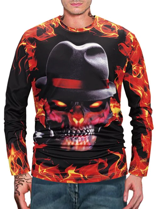 Halloween Skull Fire Flame 3D Print Long Sleeve T Shirt