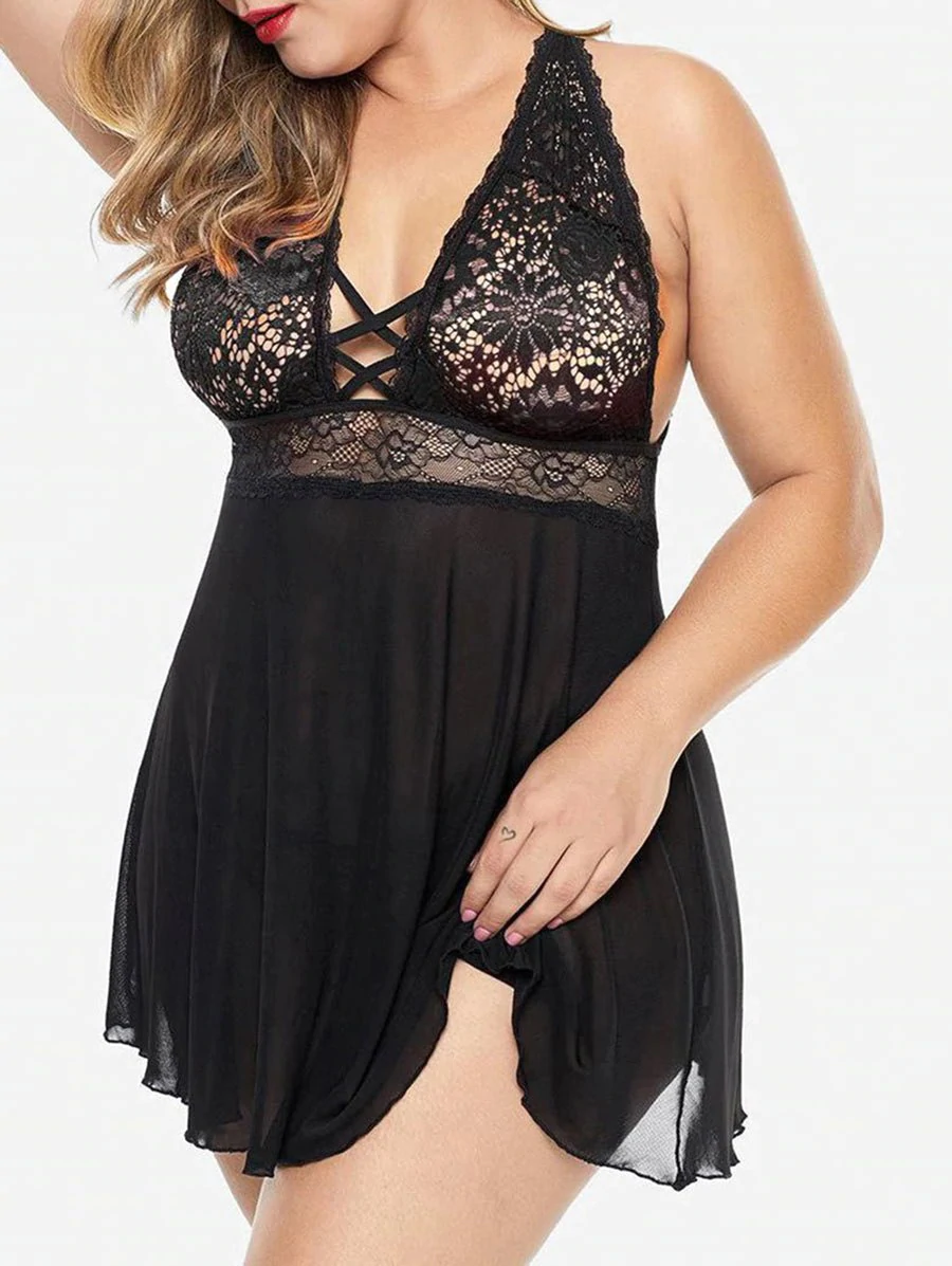 Plus Size Plunge Lace Insert Sheer Babydoll Set