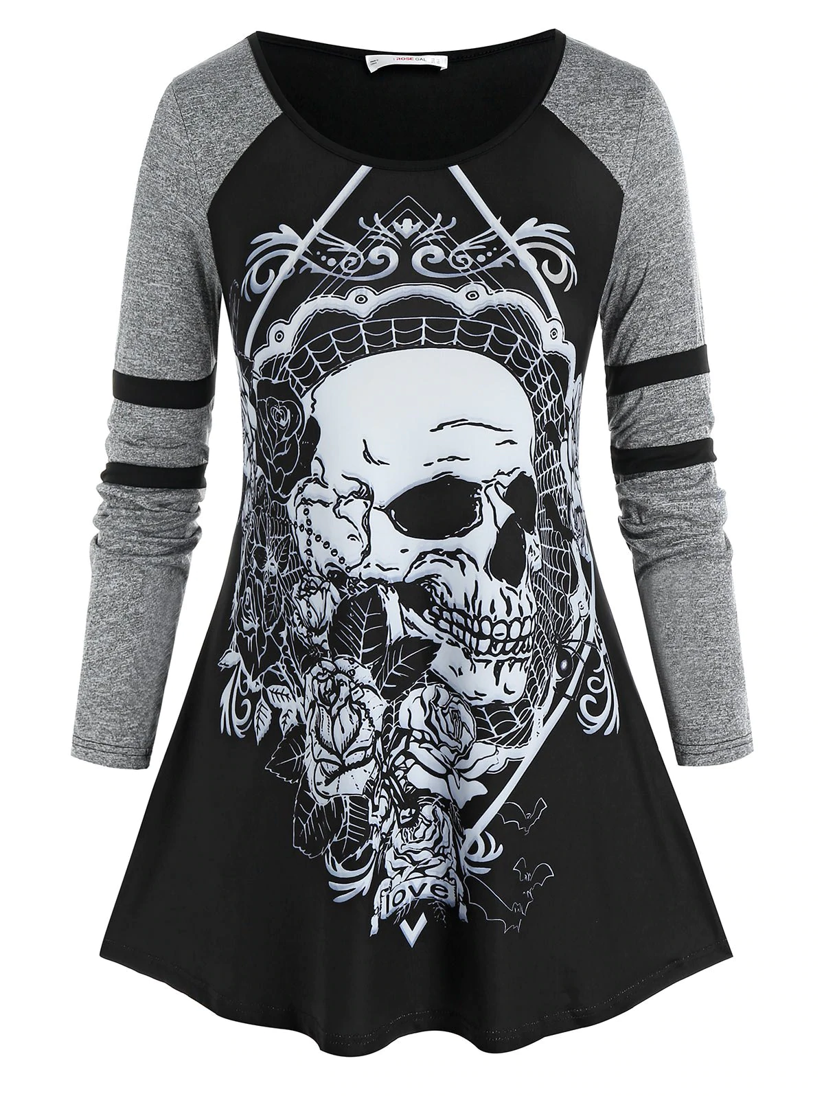 Plus Size Halloween Skull Print Long Sleeve Tee