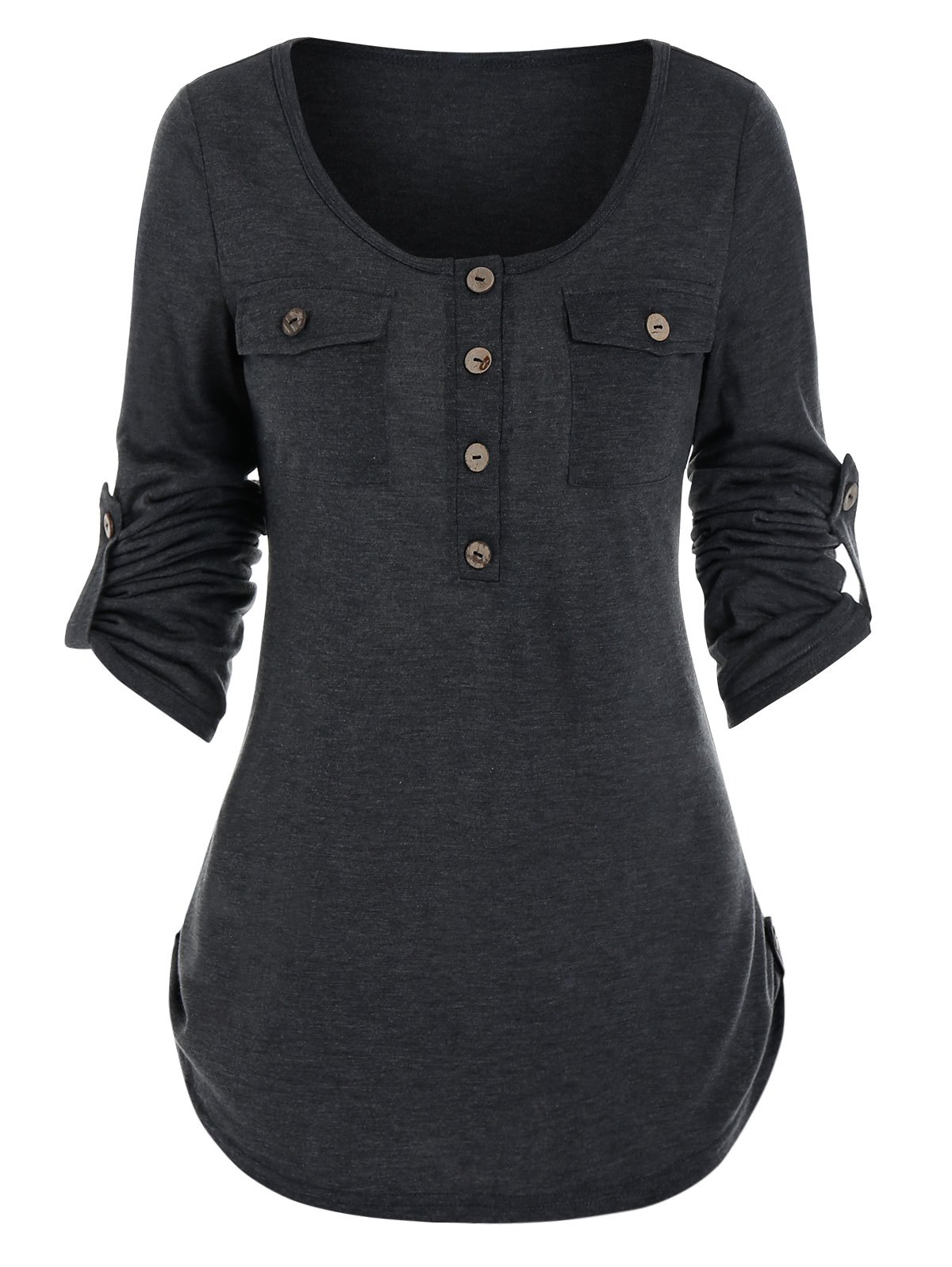 Round Collar Buttons Roll Up Sleeve T-shirt