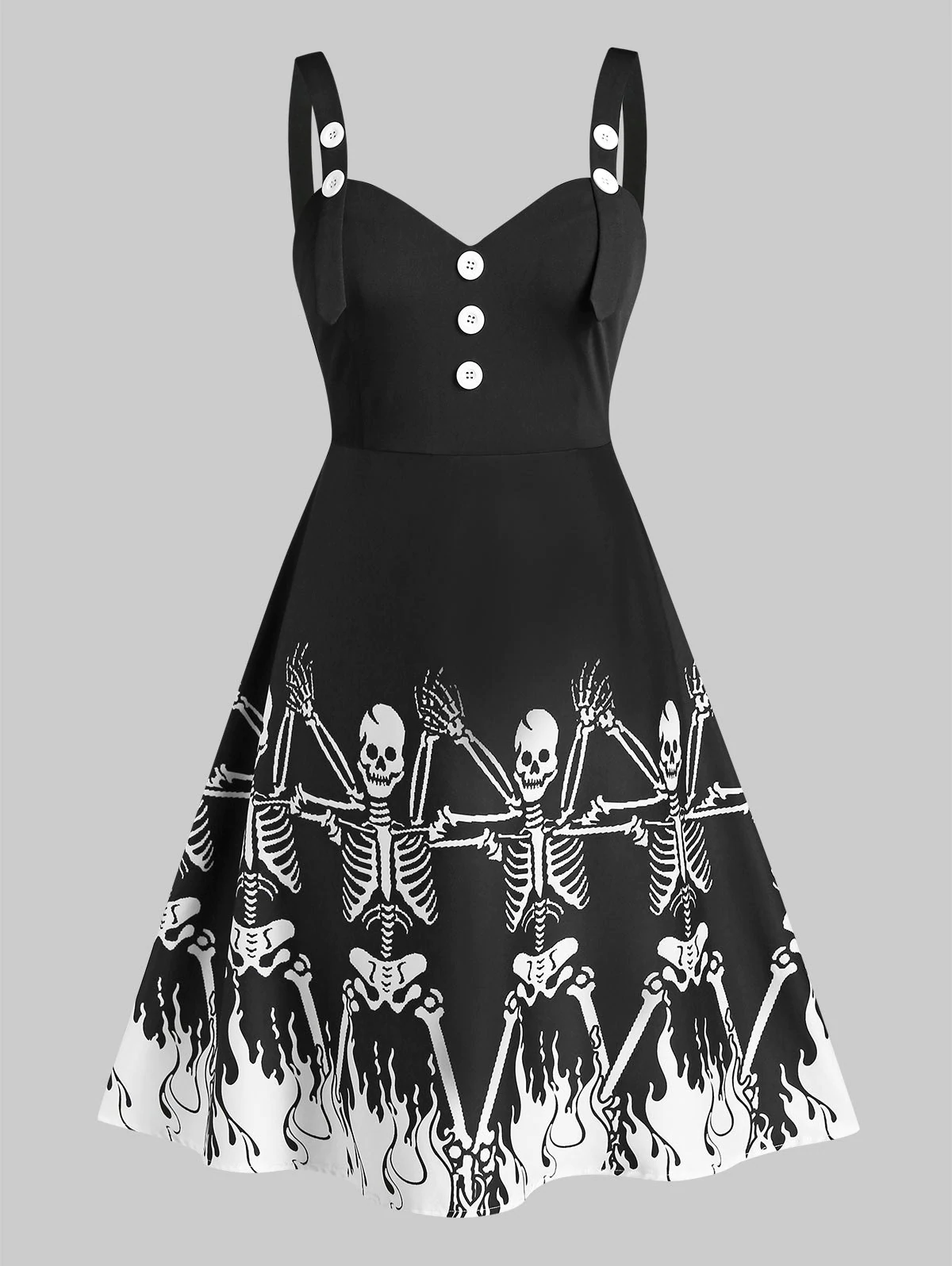 Plus Size Retro Button Skeleton Printed Dress