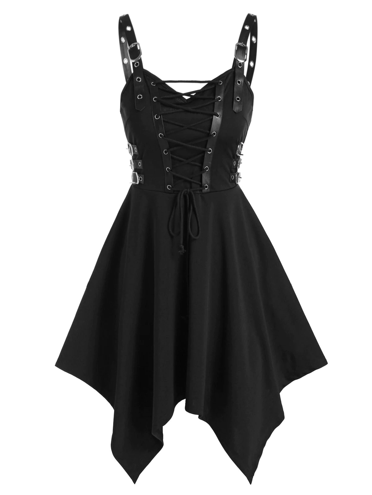 Buckle Strap Lace-up Handkerchief Gothic Dress