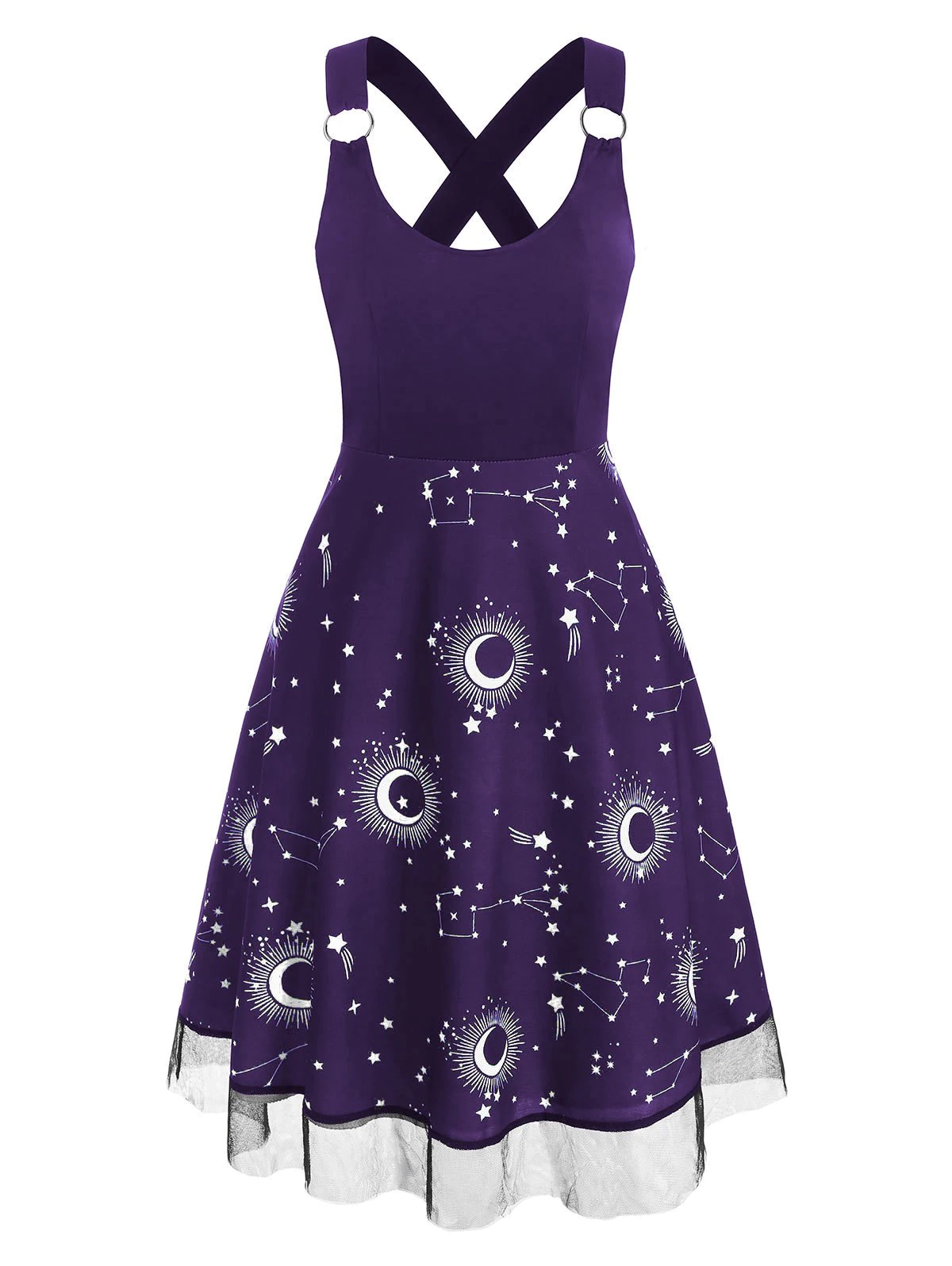 Sun Moon Star Print Lace Insert Criss Cross Dress