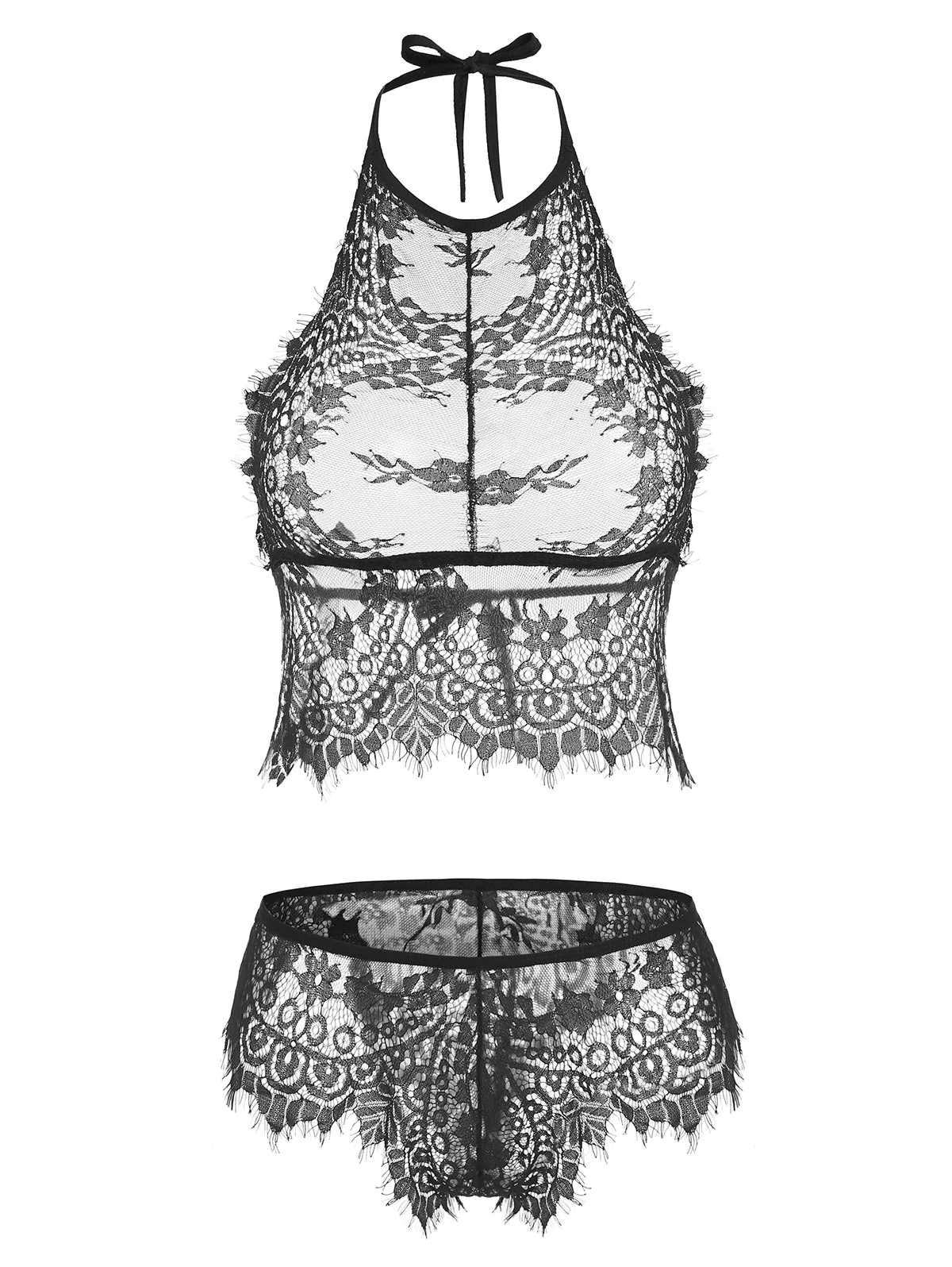 Tie Back Scalloped Eyelash Lace Lingerie Set