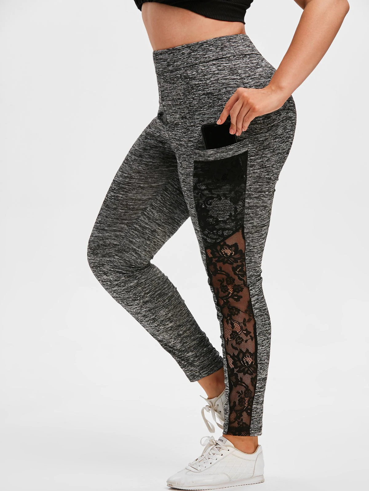 Plus Size Lace Insert Pockets Space Dye Leggings