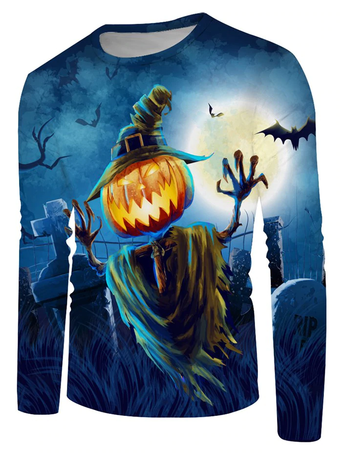 Halloween Pumpkin Scarecrow Graphic Crew Neck Casual T Shirt