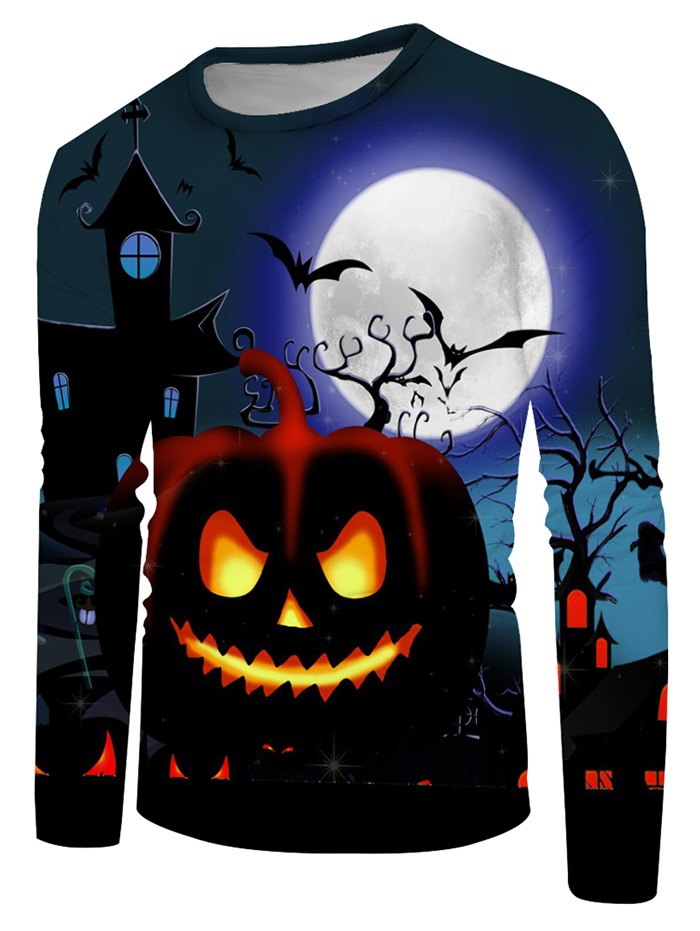 Halloween Pumpkin Moon Graphic Crew Neck Casual T Shirt