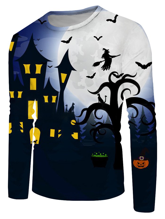 Halloween Bat Witches Night Graphic Crew Neck Long Sleeve T Shir