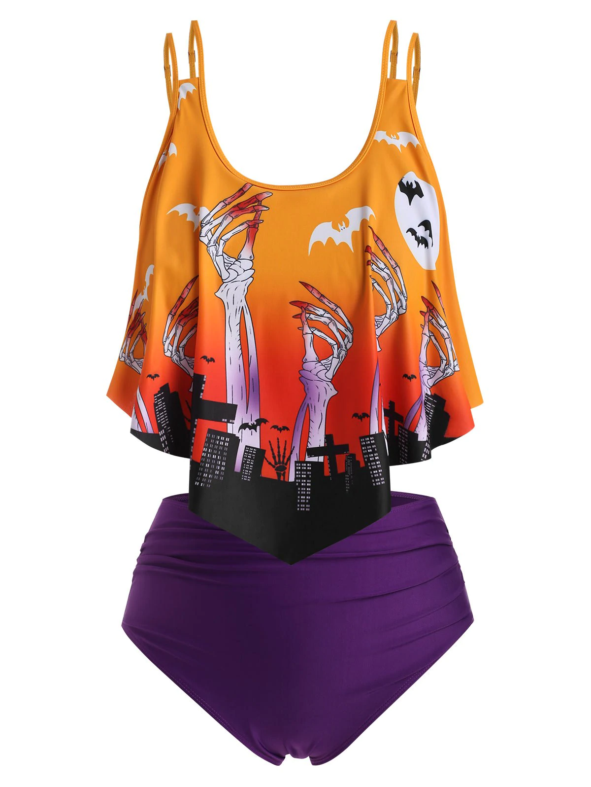 Plus Size Bat Skeleton Print Halloween Tankini Swimwear