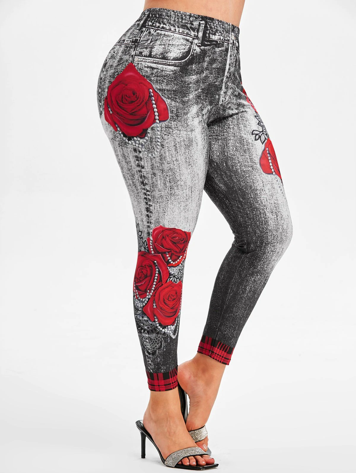 Floral Plaid 3D Print High Waisted Plus Size Jeggings