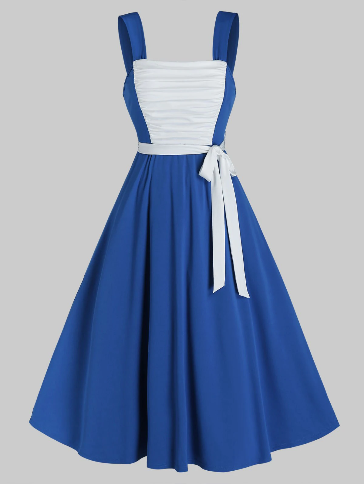 Sleeveless Ruched Front Belted Flare Dress