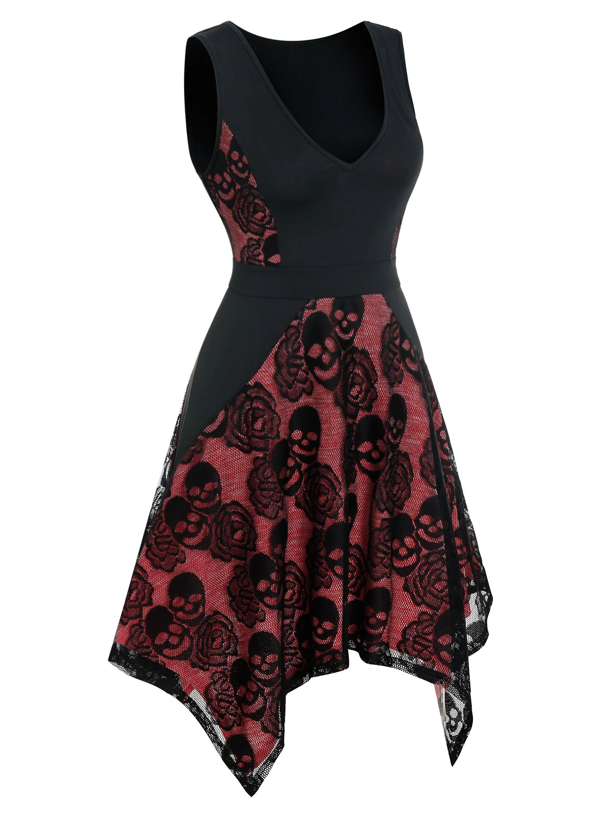 Floral Skull Lace Asymmetrical Sleeveless Dress