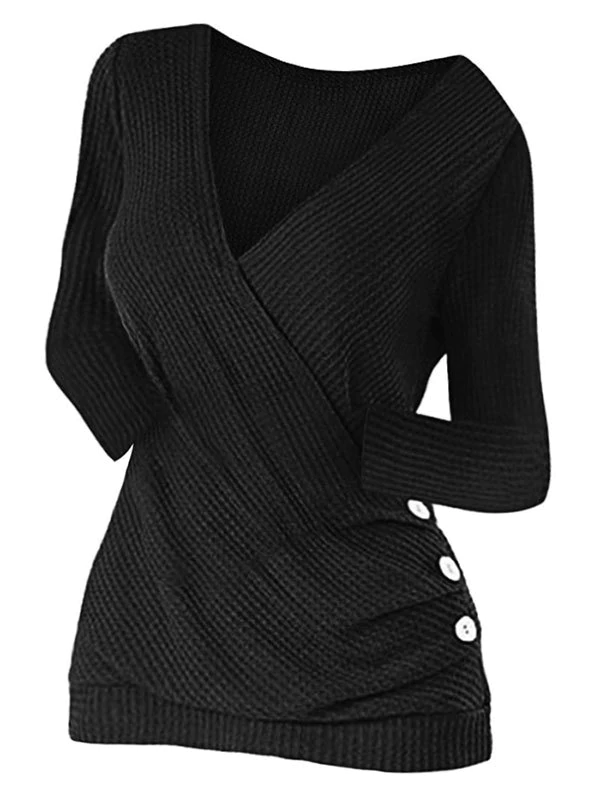 Ruched Buttoned Surplice Knitwear