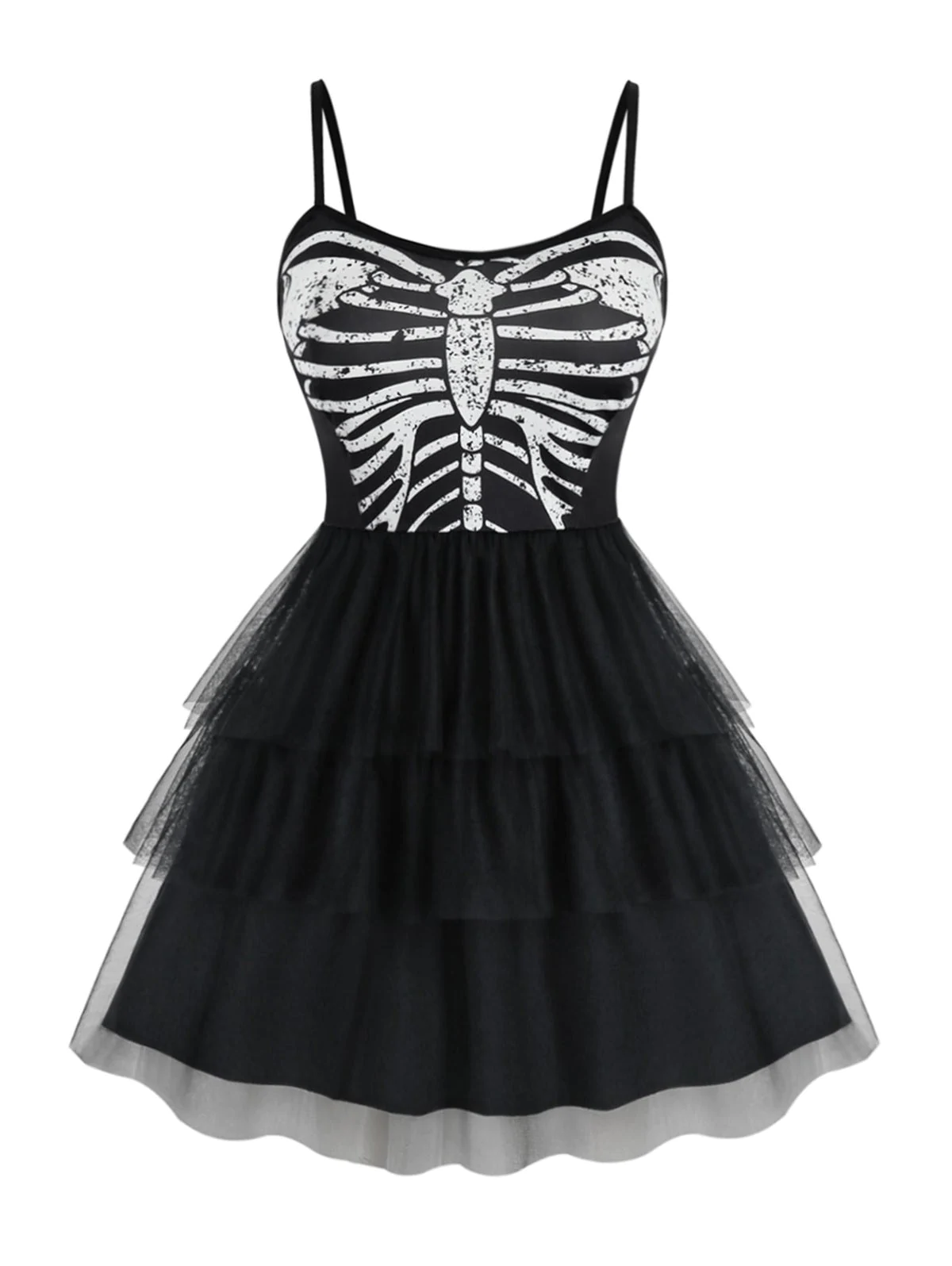 Plus Size Halloween Skeleton Pattern Layered Tulle Dress