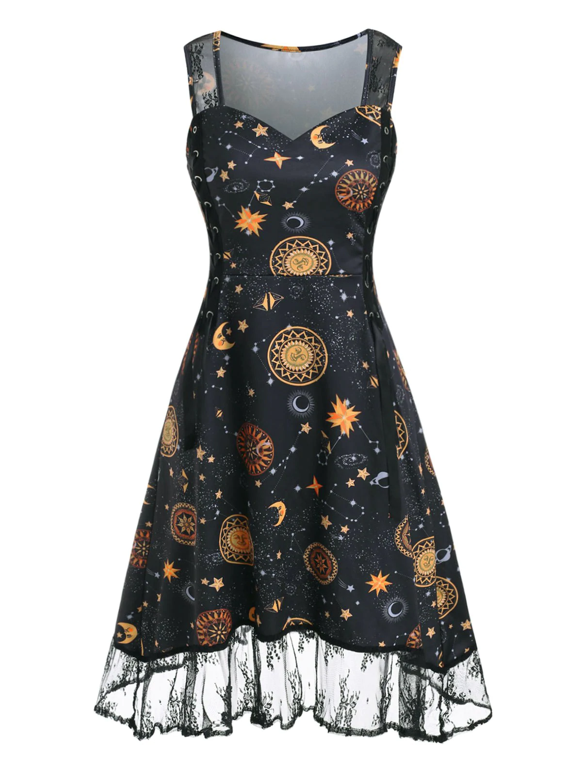 Sun Moon Star Print Lace Insert Lace-up Dress