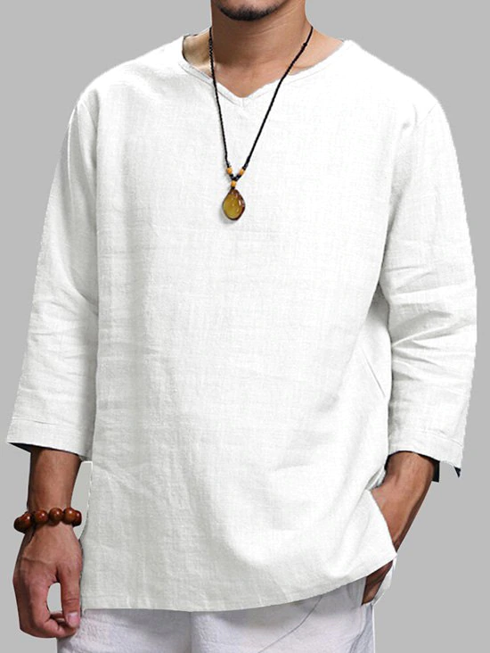 Plain V Neck Roll Tab Sleeve Kurta Linen Shirt