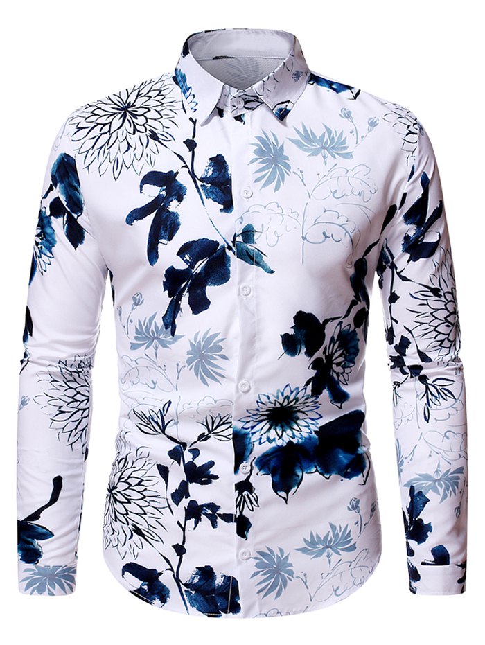 Flower Ink Painting Print Casual Shirt