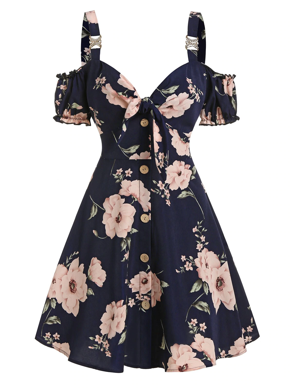 Floral Print Bowknot Cold Shoulder Dress