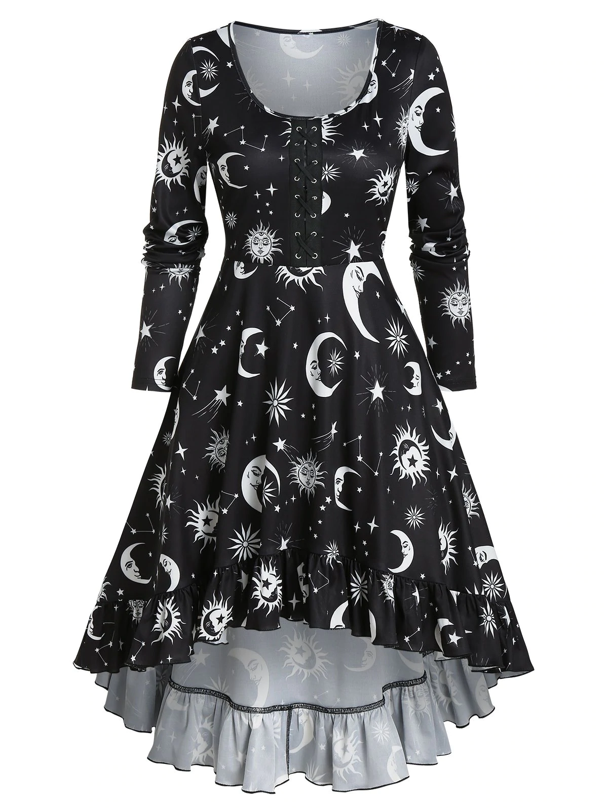 Moon Print Lace-up High Low Gothic Dress