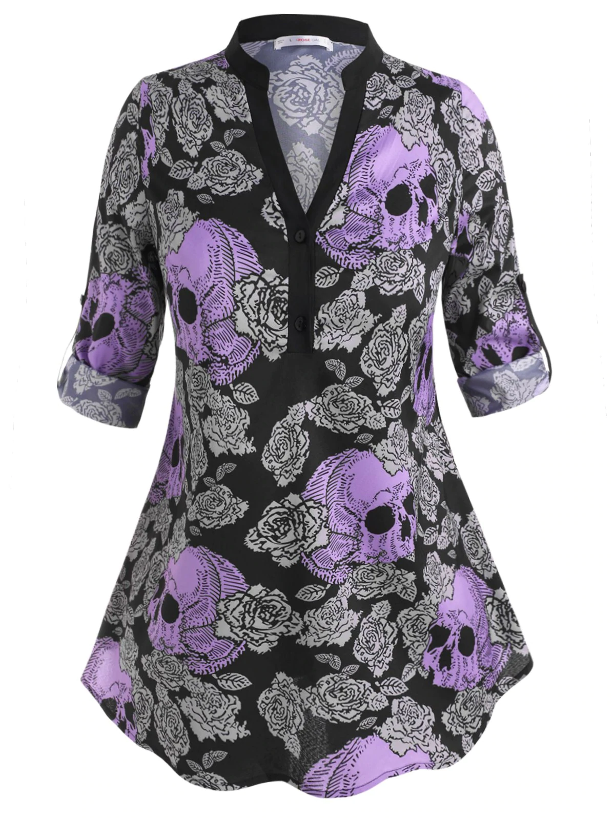 Skull Floral Two Buttoned Tab Sleeve Halloween Plus Size Blouse