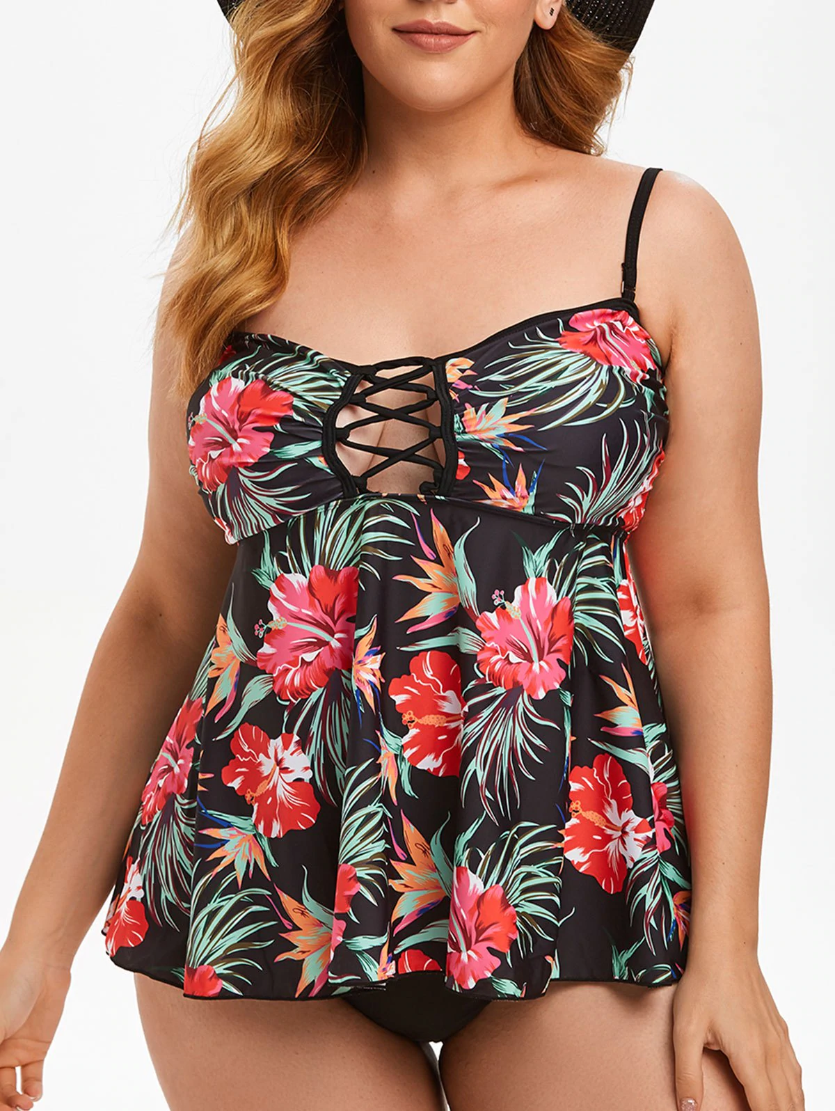 Plus Size Crisscross Tropical Print Tankini Set