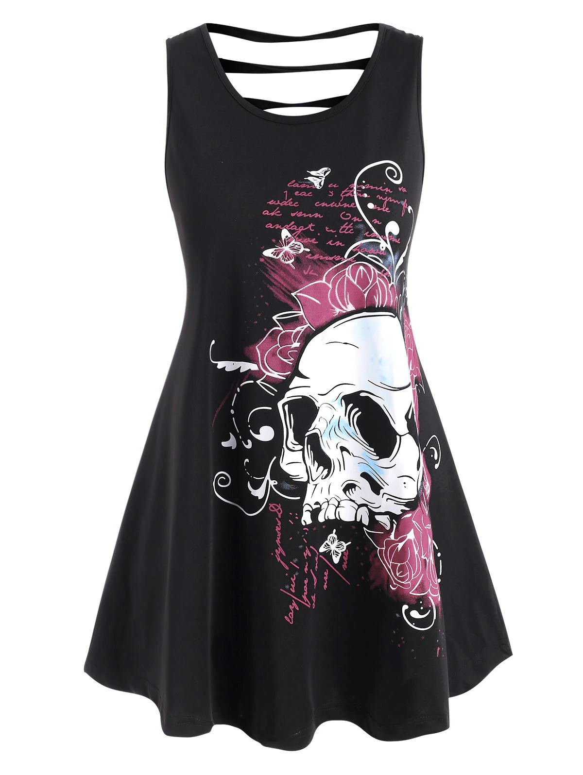 Plus Size Ladder Cutout Floral Skull Print Tank Top