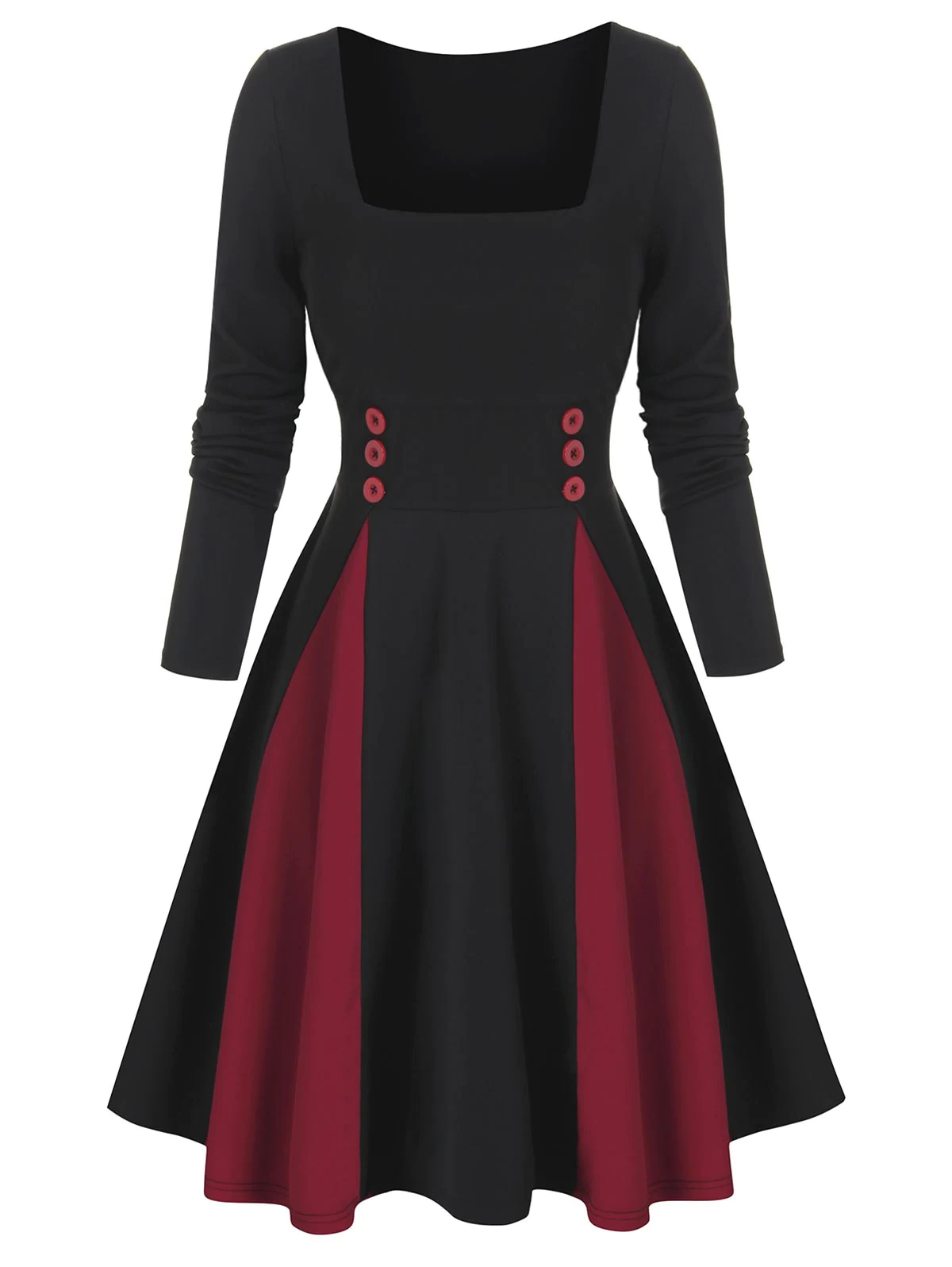 Long Sleeve Mock Button Contrast Skater Dress