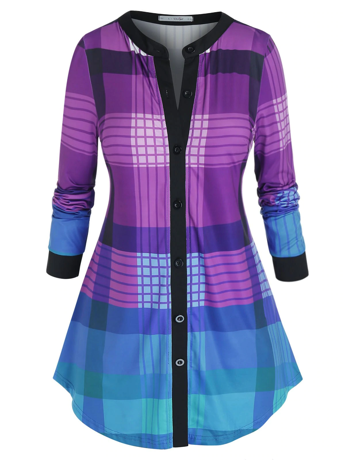 Plus Size Plaid V Notch Long Sleeve Tunic Top