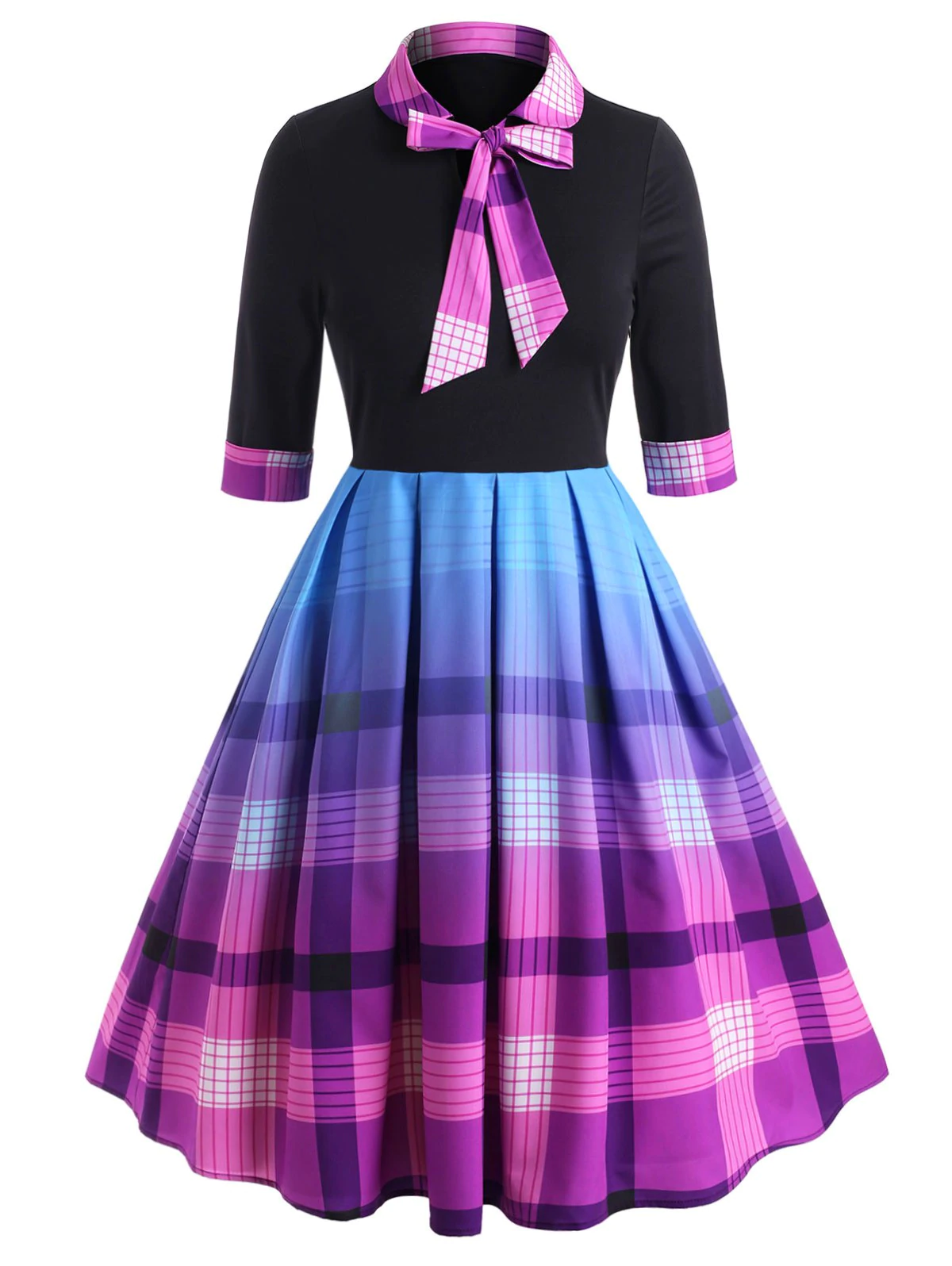 Bow Tie Plaid Cuffed Sleeve Plus Size Dress