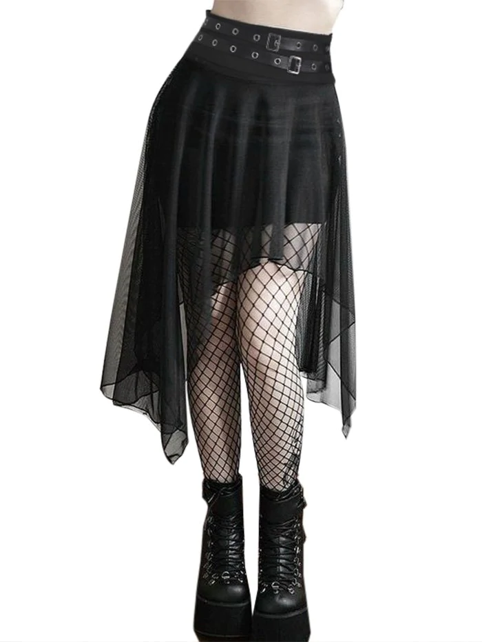 Asymmetrical Grommet Strap Chiffon Gothic Skirt