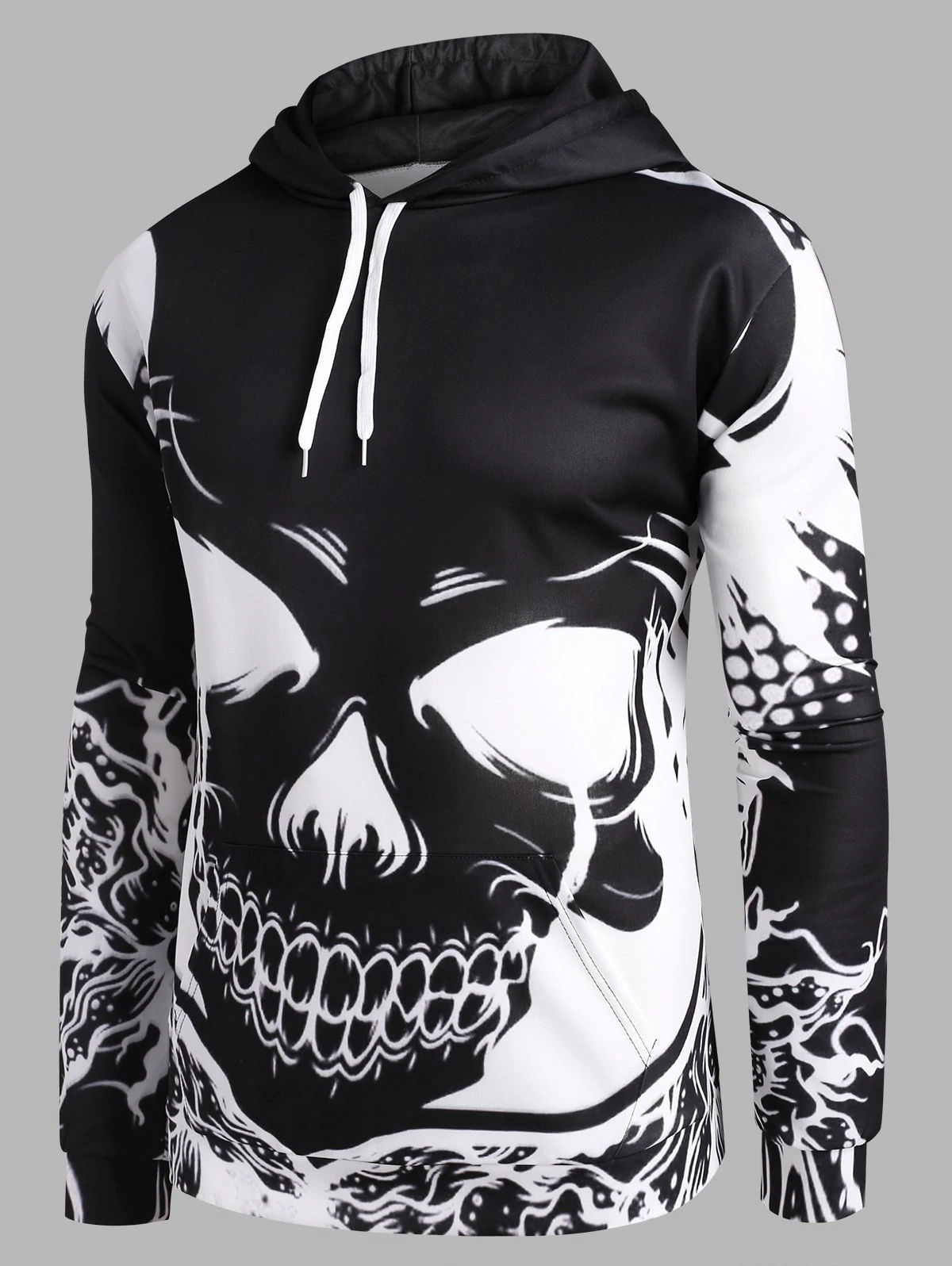 Bicolor Skull Graphic Front Pocket Drawstring Hoodie