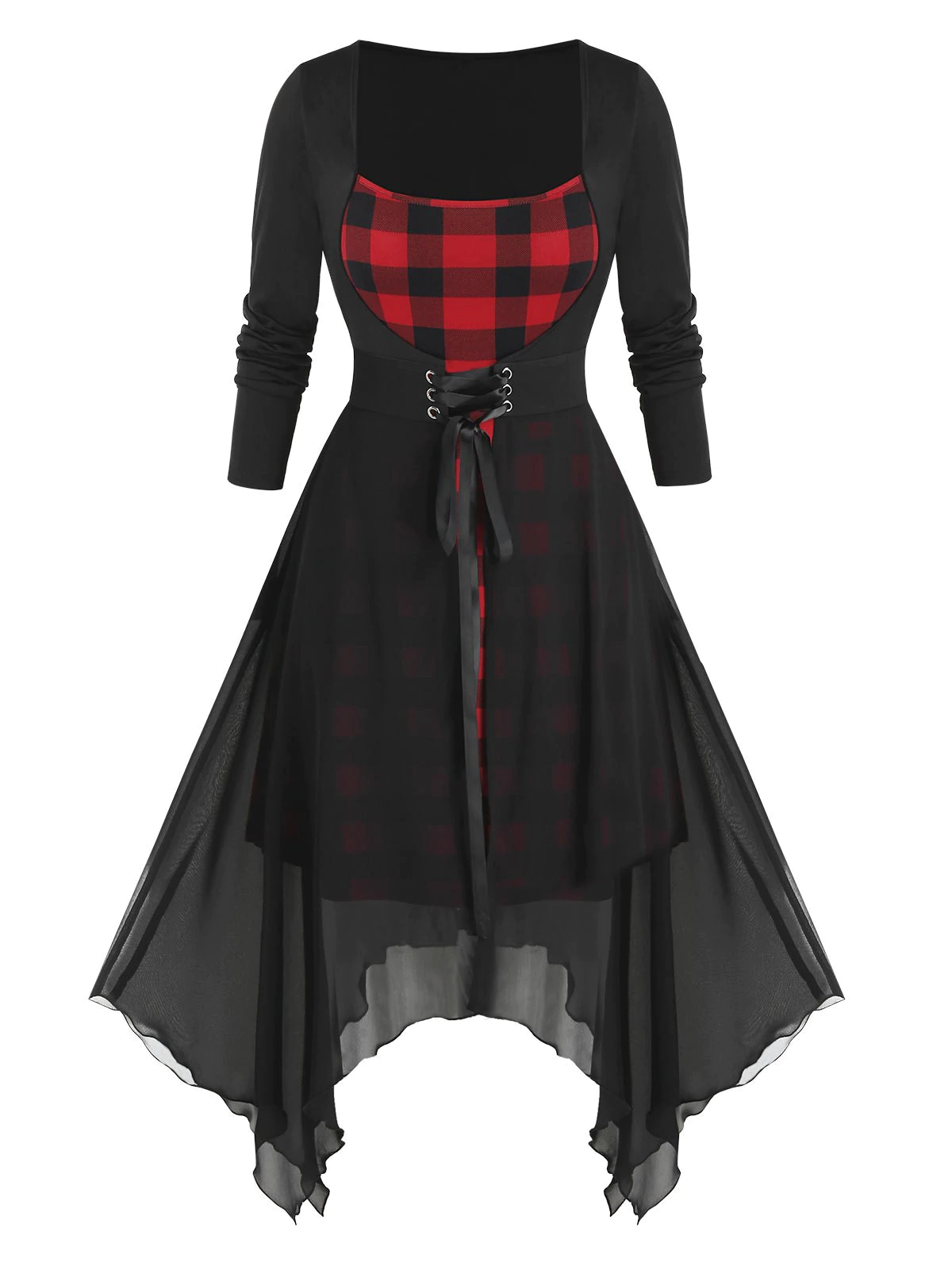 Plus Size Plaid Handkerchief Chiffon Lace-up Twofer Dress