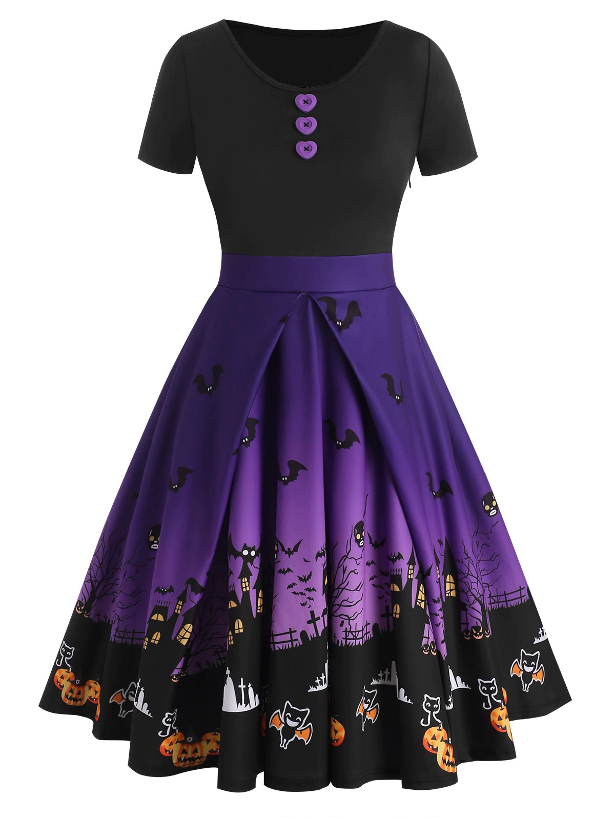 Halloween Buttons Bat Pumpkin Castle Print Dress