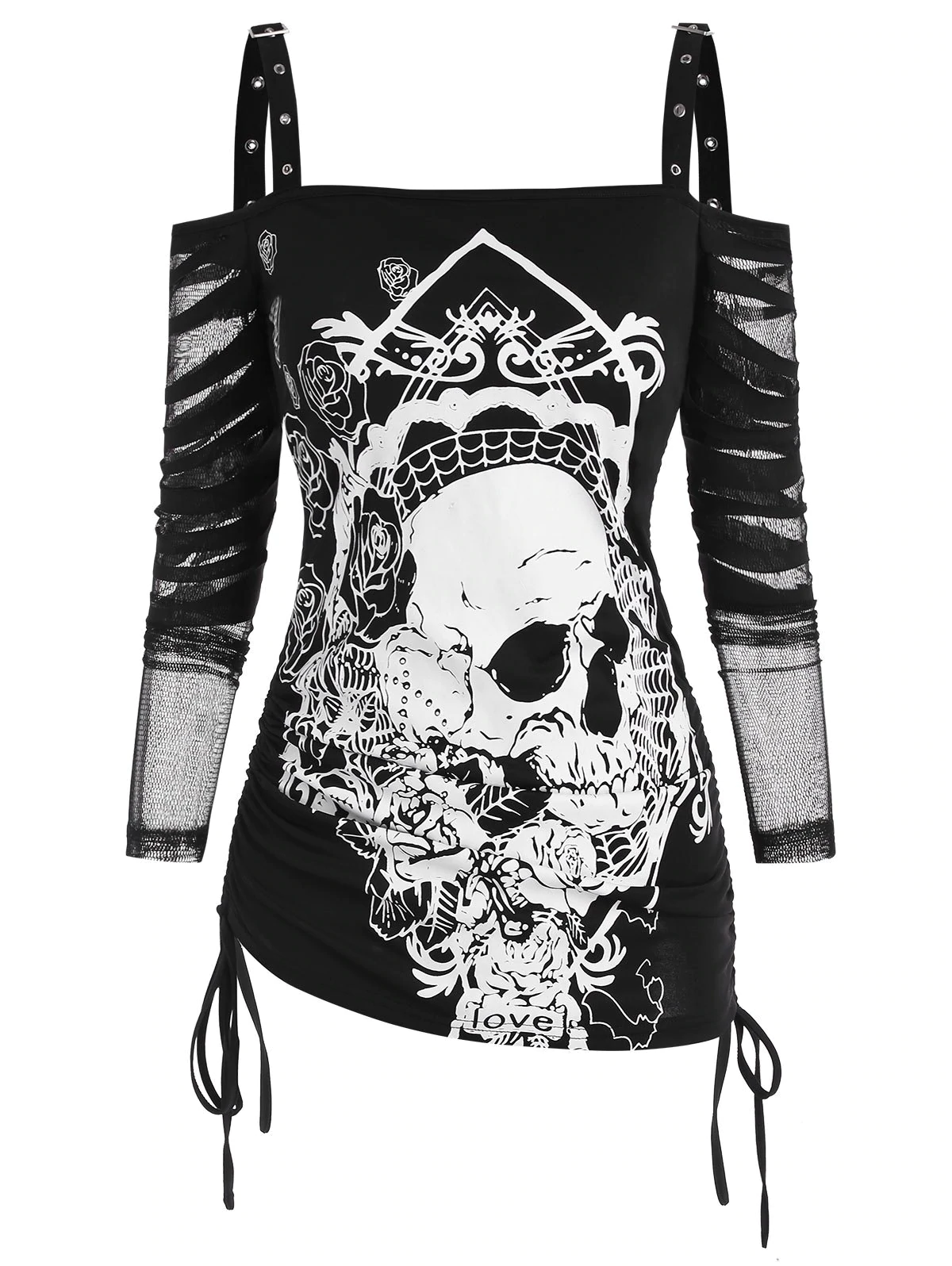 Halloween Buckled Skull Floral Cinched Mesh Sleeve Cold Shoulder