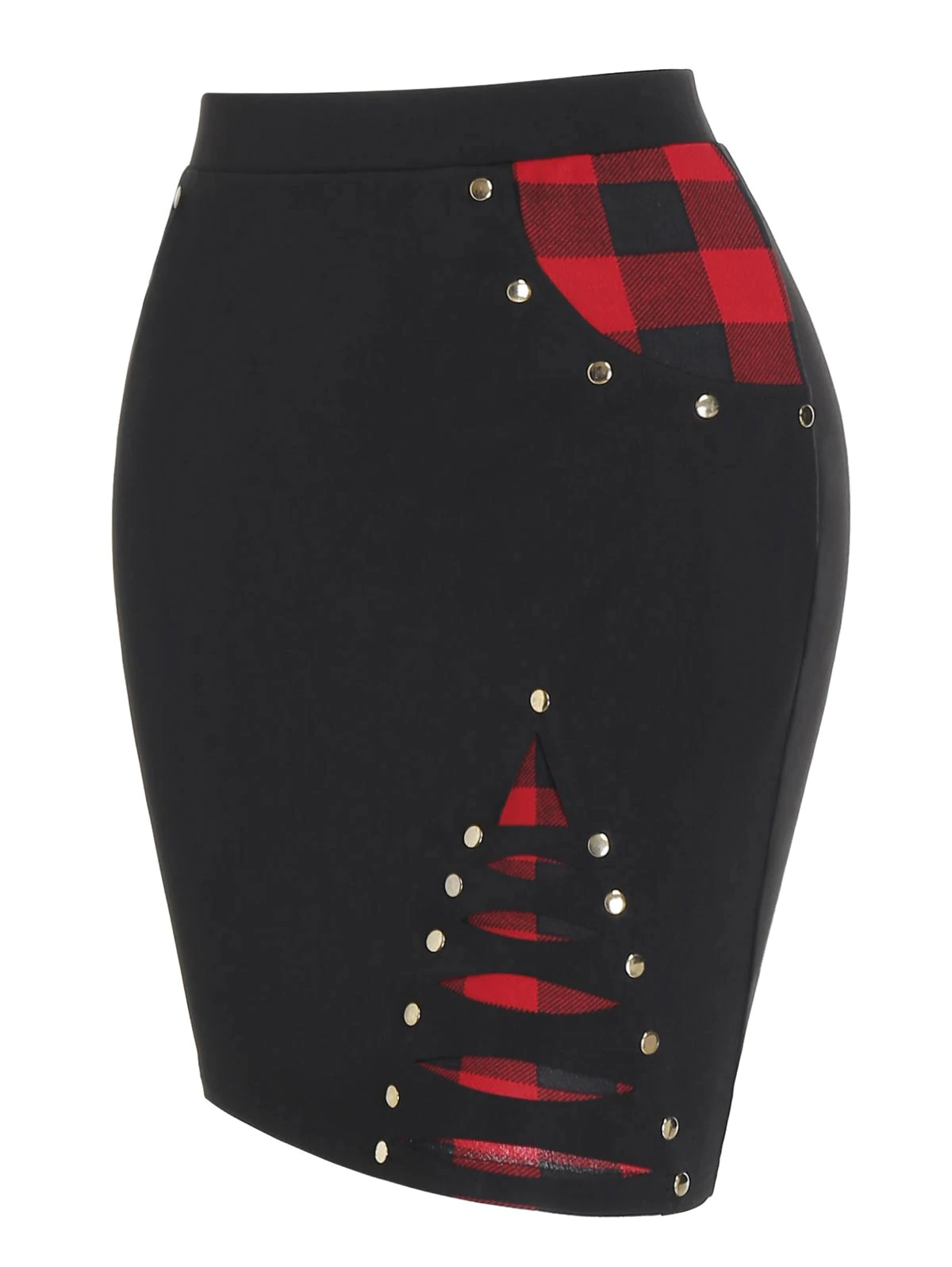 Plus Size Ripped Plaid Studded Skirt