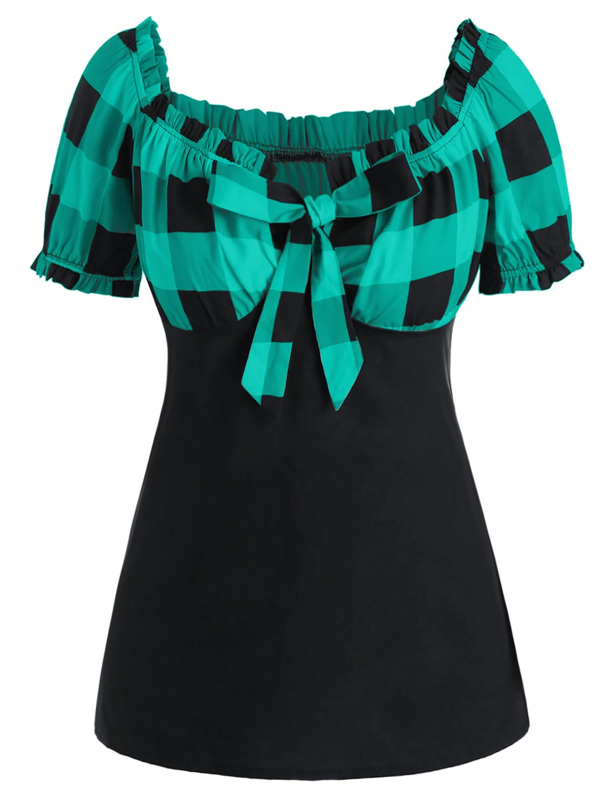 Plus Size Bow Tie Ruffle Checked T Shirt