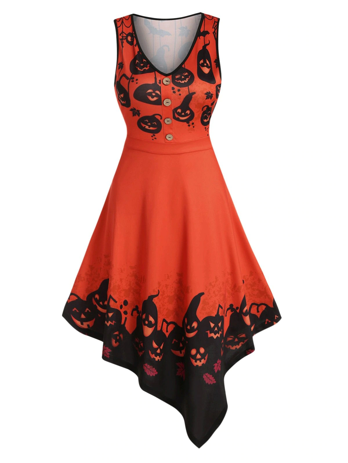 Pumpkin Print Fit And Flare Asymmetric Dress