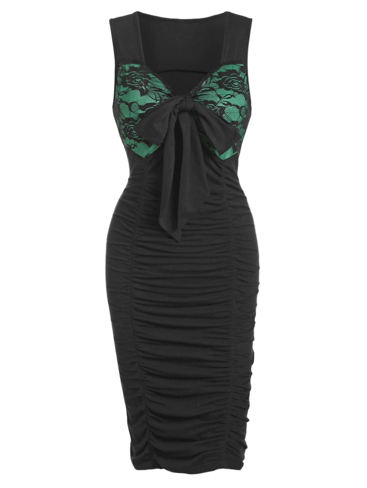 Lace Panel Bowknot Ruched Sleeveless Bodycon Dress