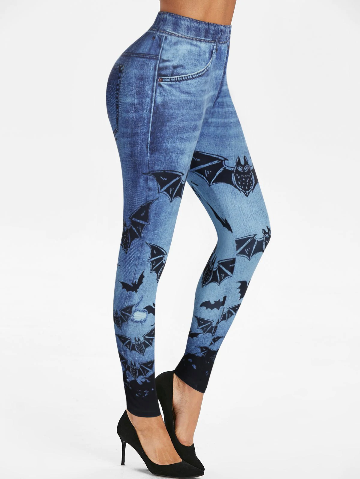 Bat Print Elastic Waist Skinny Faux Jean Leggings