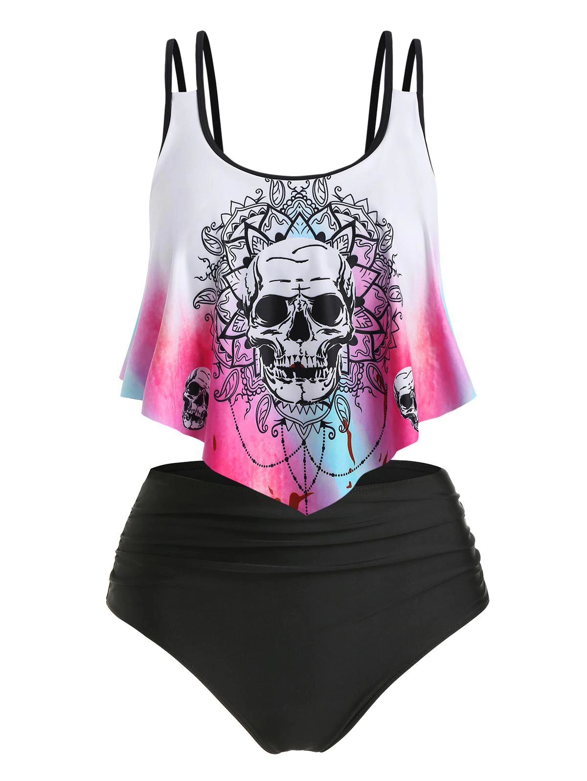 Plus Size Skull Print Ruffle Halloween Tankini Swimwear