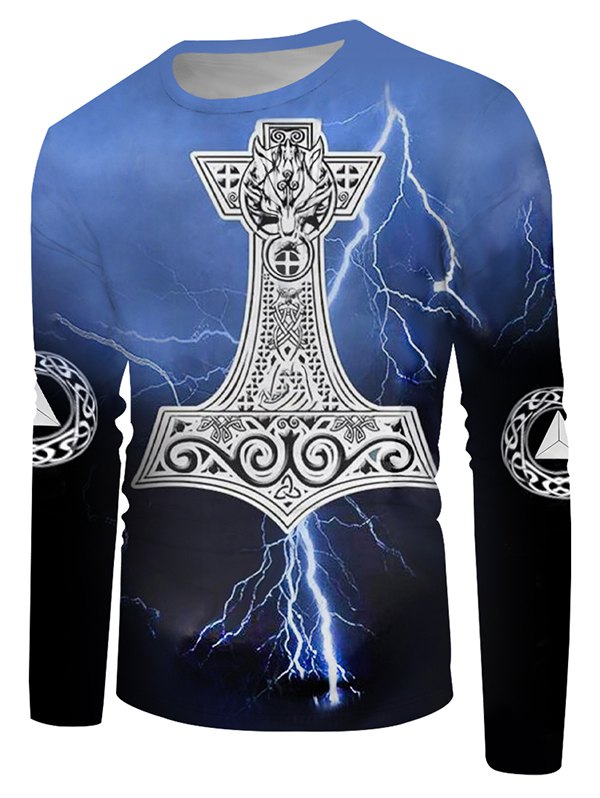 Crew Neck Lightning Wolf Pattern Long Sleeve Casual Tee