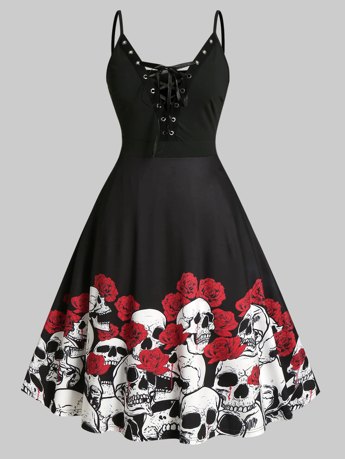 Plus Size Halloween Skull Flower Lace-up Cami Dress