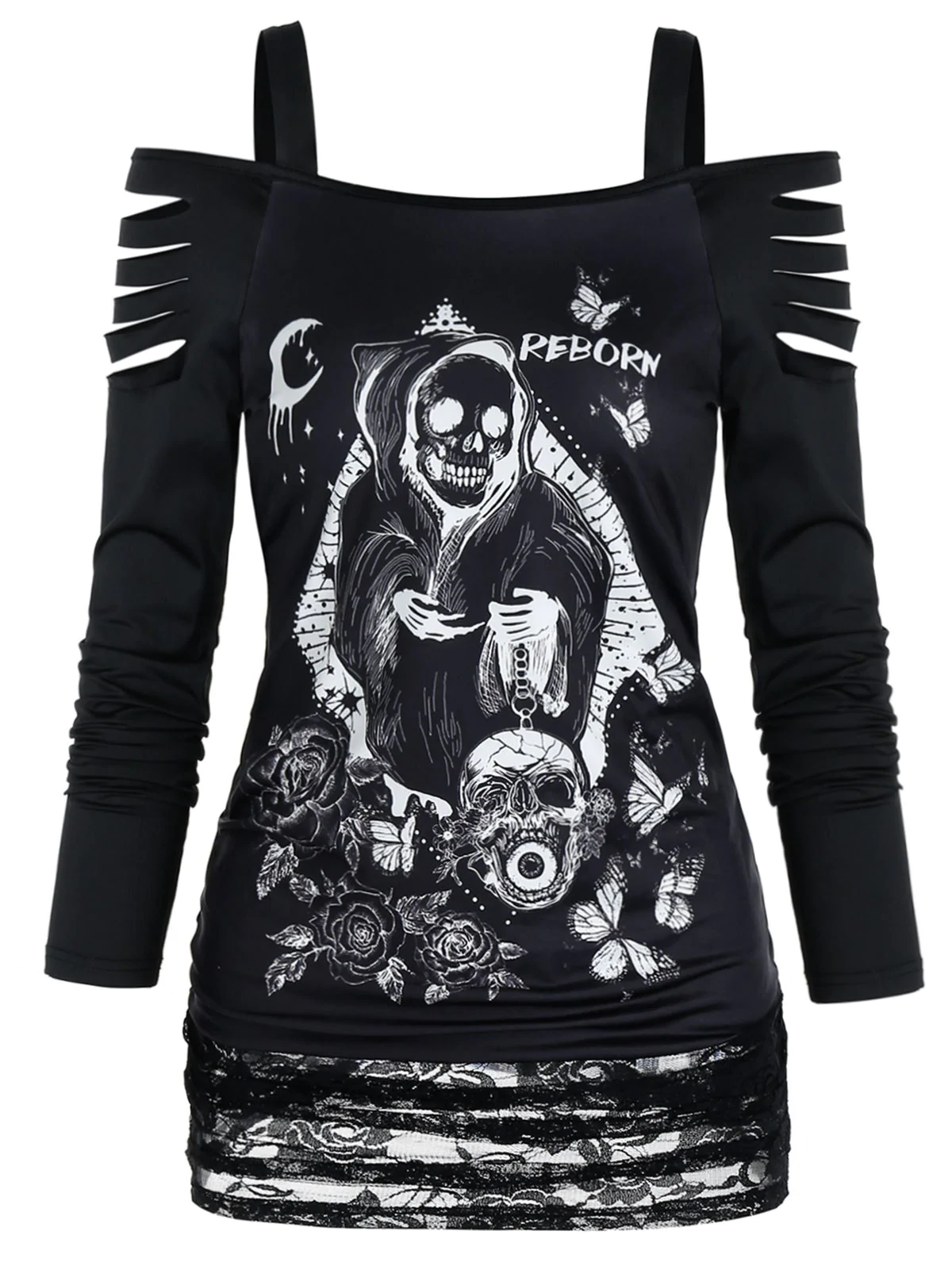 Gothic Death Print Ripped Lace Panel Top