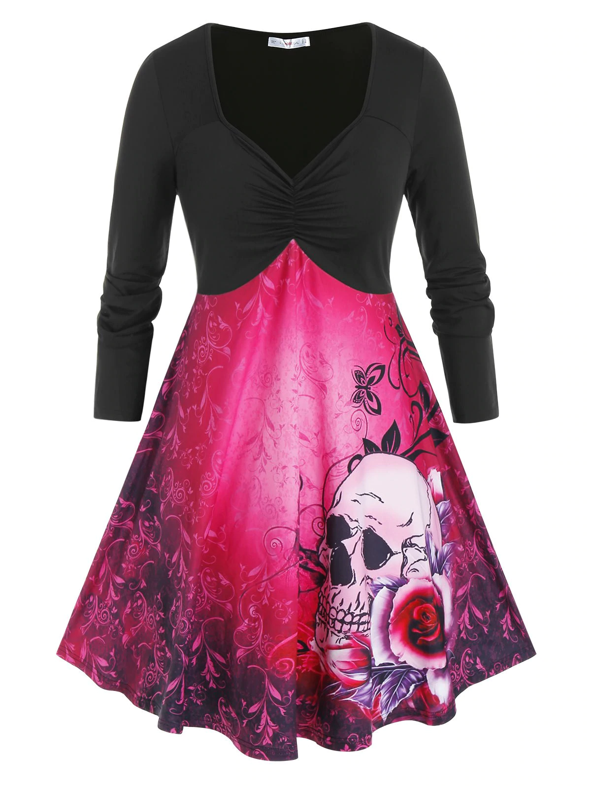 Plus Size Halloween Skull Floral Print Dress