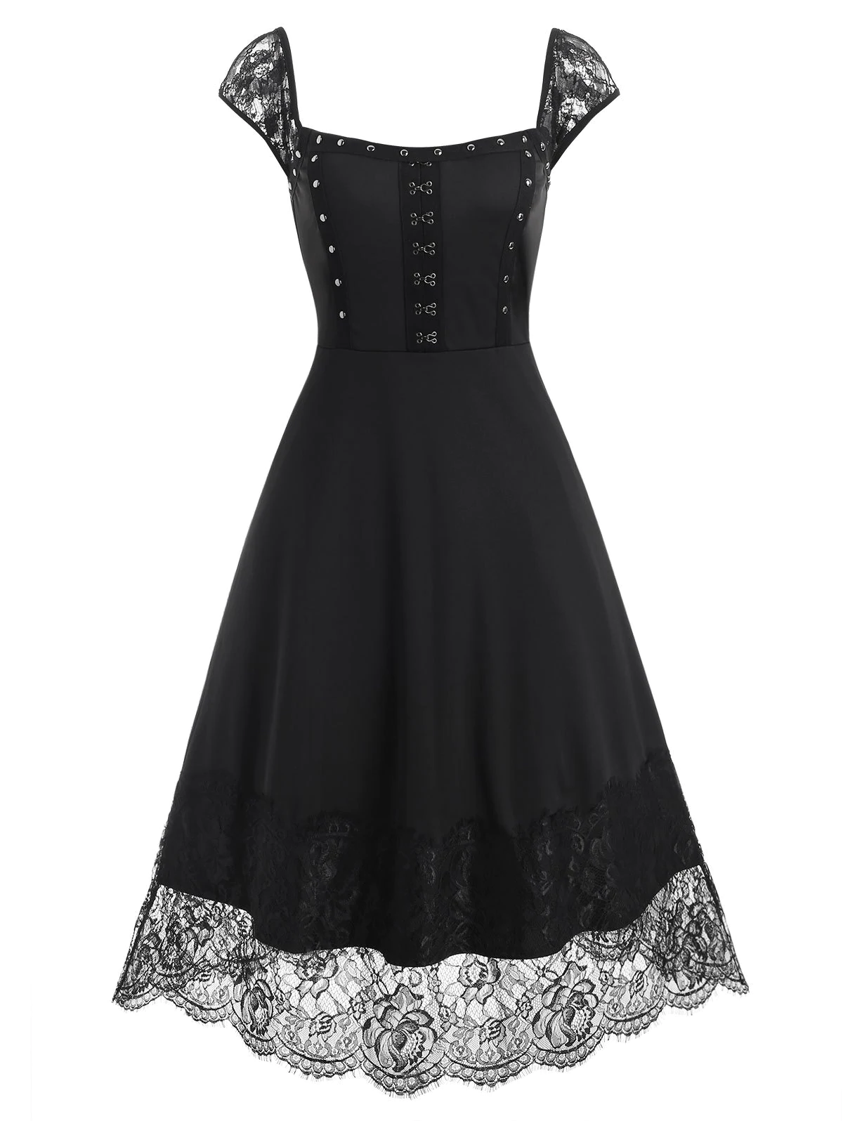 Lace Panel Rivets Hook and Eye Dress