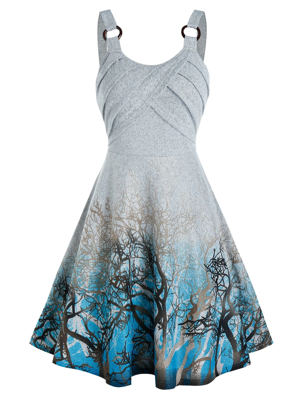 Tree Print Front Pleated Dip Dye Mini Cami Dress